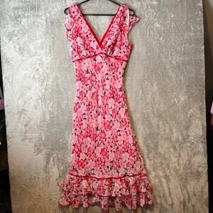 Vintage Y2K Pink Floral Ruffle Hem Dress Cottagecore Coquette Small Deadstock‎